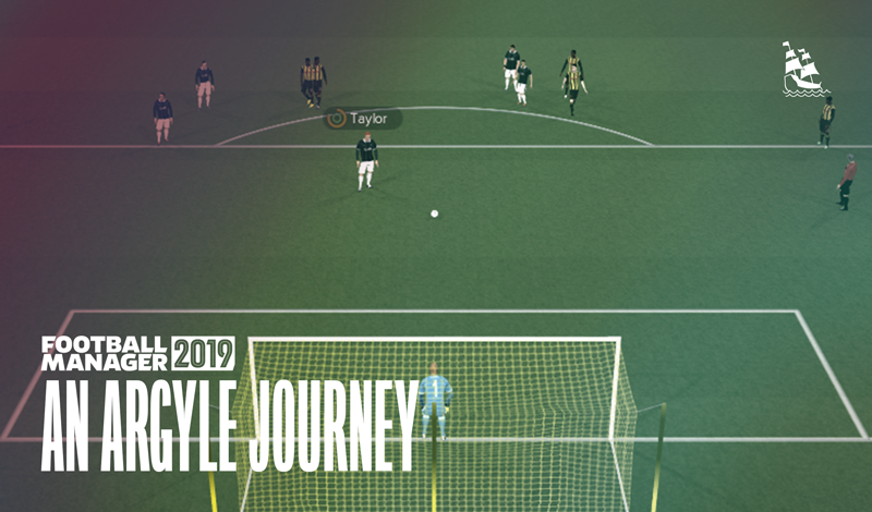 Graphic for Football Manager 2019: A Plymouth Argyle Journey. Ryan Taylor lines up a penalty in Football Manager 2019.