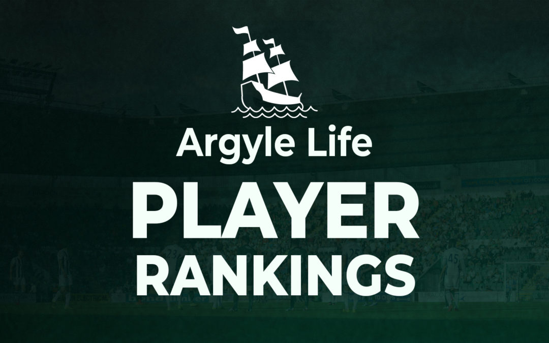 Argyle Life: Player Rankings graphic. White bold text on a dark green tinted image of Home Park.