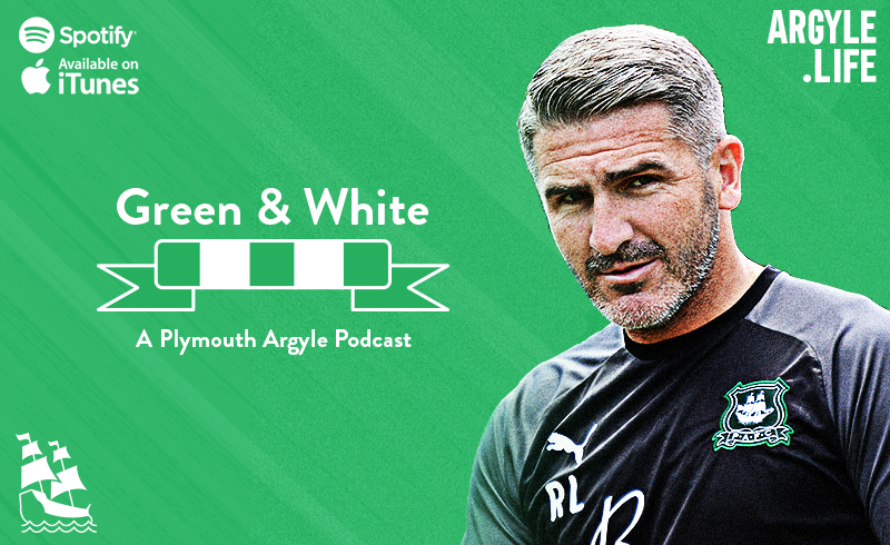 The Green and White podcast logo set next to an image of Ryan Lowe on a field of diagonal green stripes.