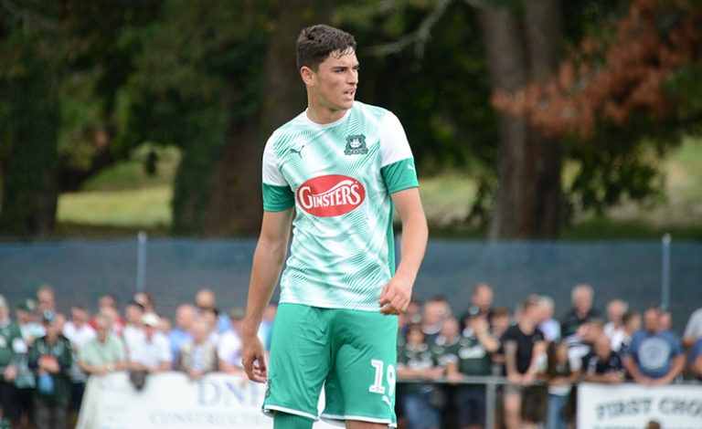 Klaidi Lolos in the 2019/20 Plymouth Argyle away kit.